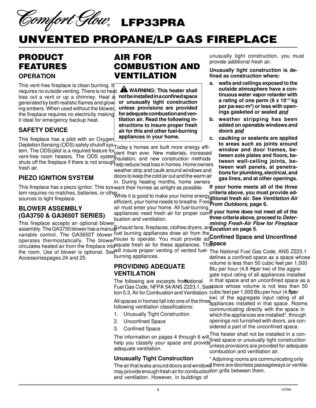 Desa LFP33PRA installation manual Product Features, AIR for Combustion and Ventilation 