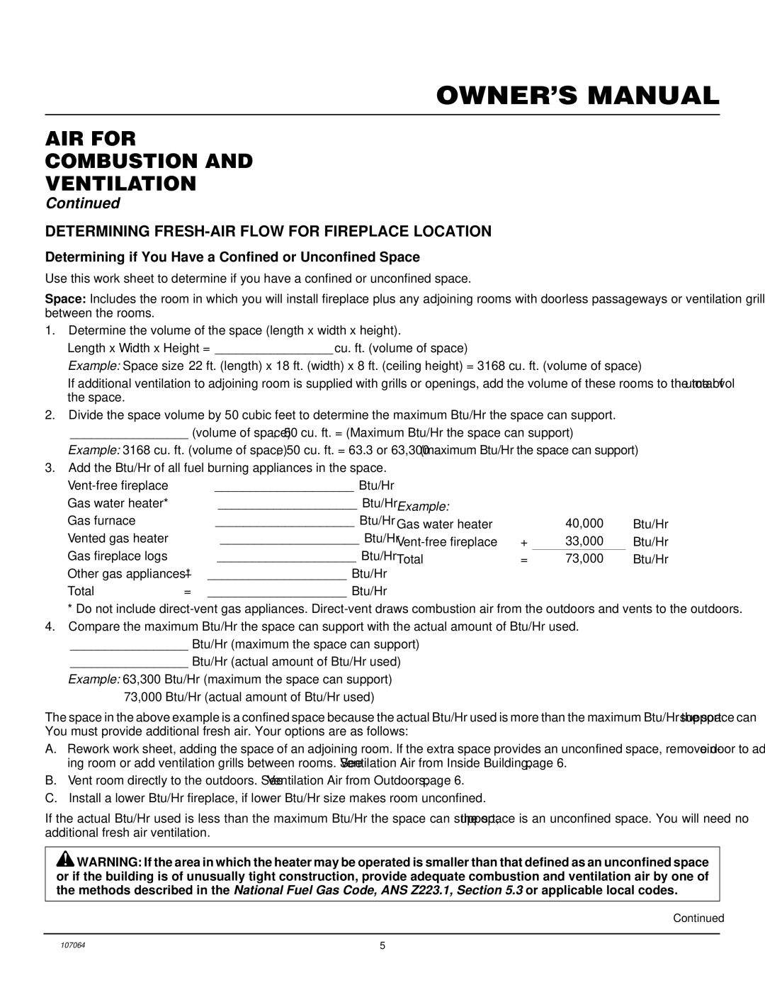 Desa LFP33PRA installation manual AIR for Combustion Ventilation, Determining FRESH-AIR Flow for Fireplace Location 