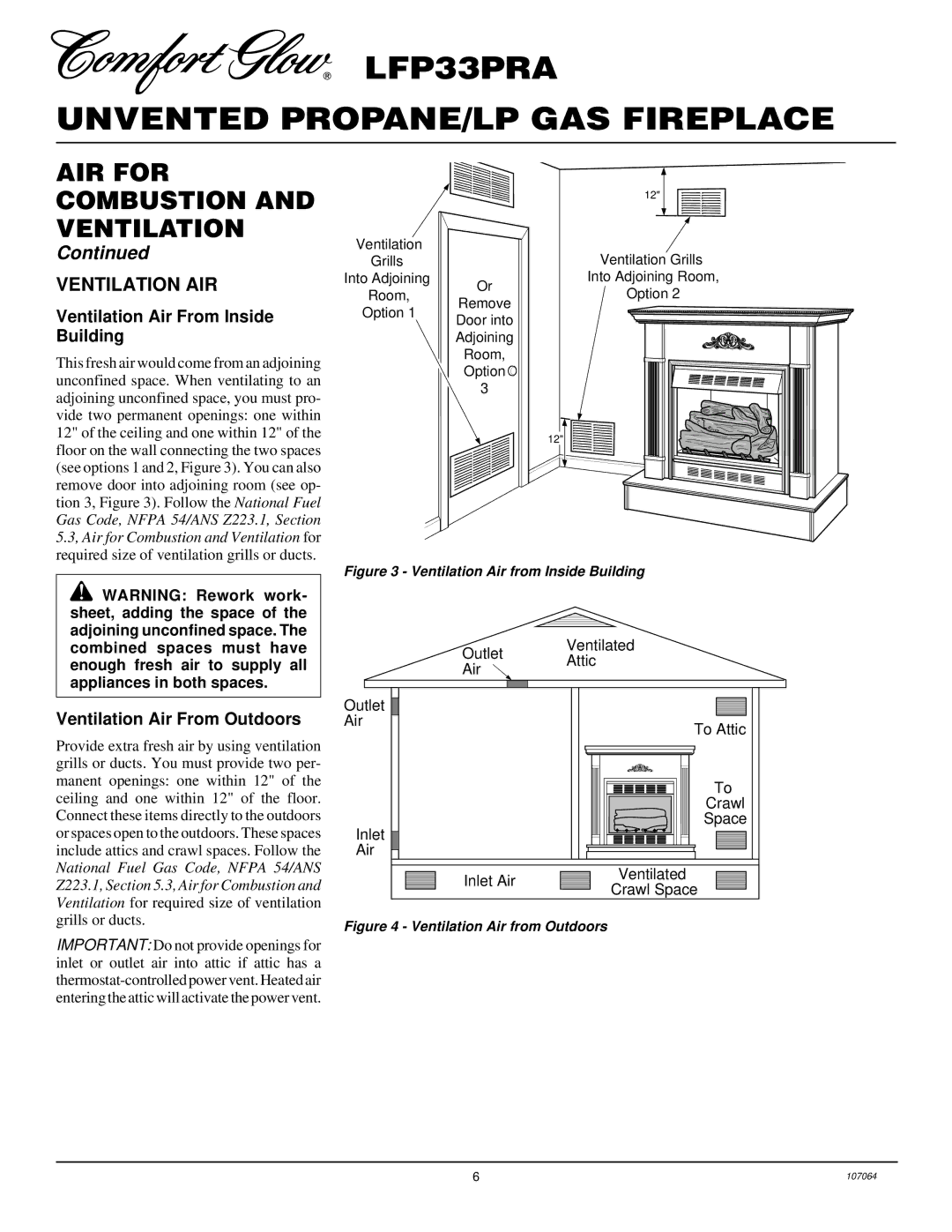 Desa LFP33PRA installation manual Ventilation AIR, Ventilation Air From Inside Building, Ventilation Air From Outdoors 