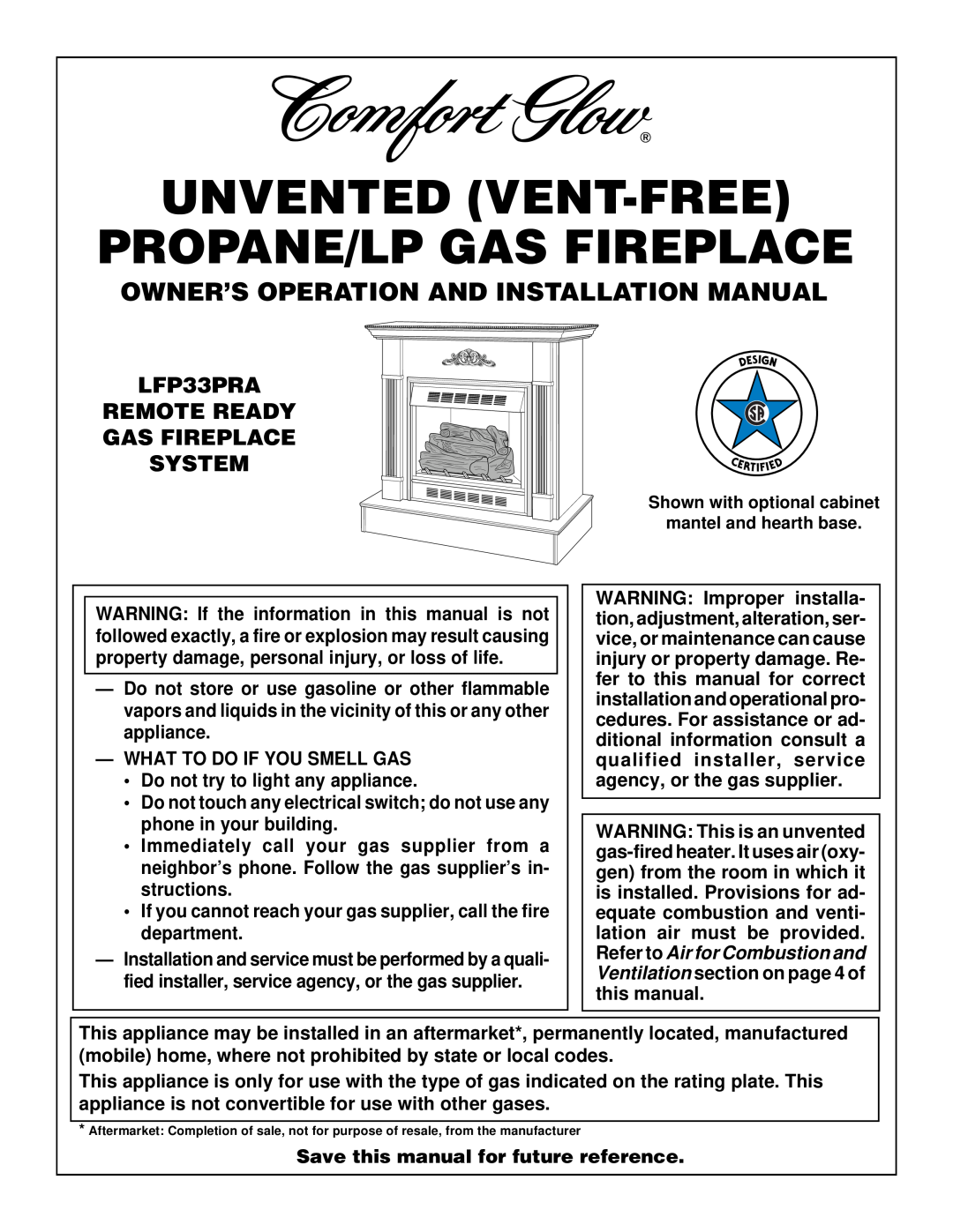 Desa LFP33PRA installation manual Owner’S Operation And Installation Manual, What To Do If You Smell Gas 