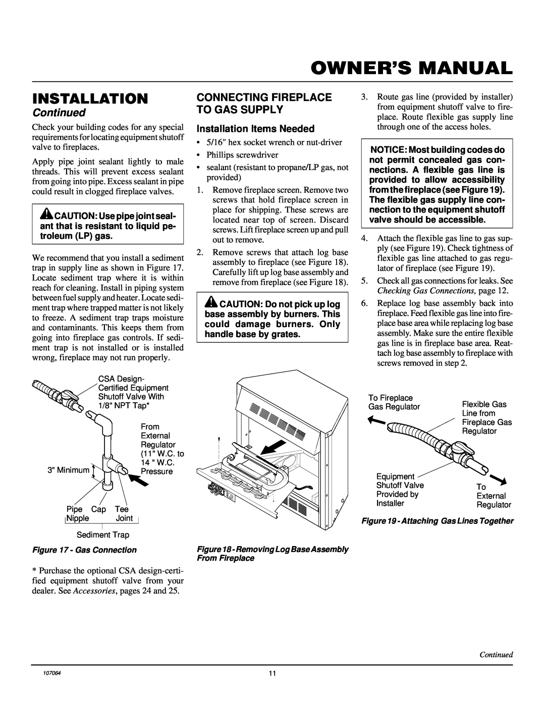 Desa LFP33PRA installation manual Connecting Fireplace To Gas Supply, Continued, Installation Items Needed 