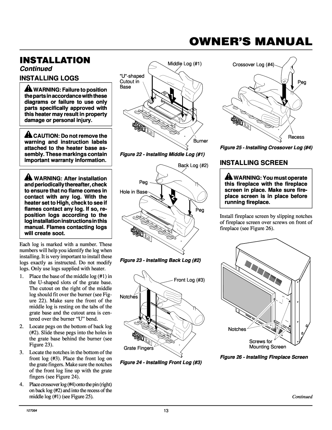 Desa LFP33PRA installation manual Installing Logs, Installing Screen, Installation, Continued 