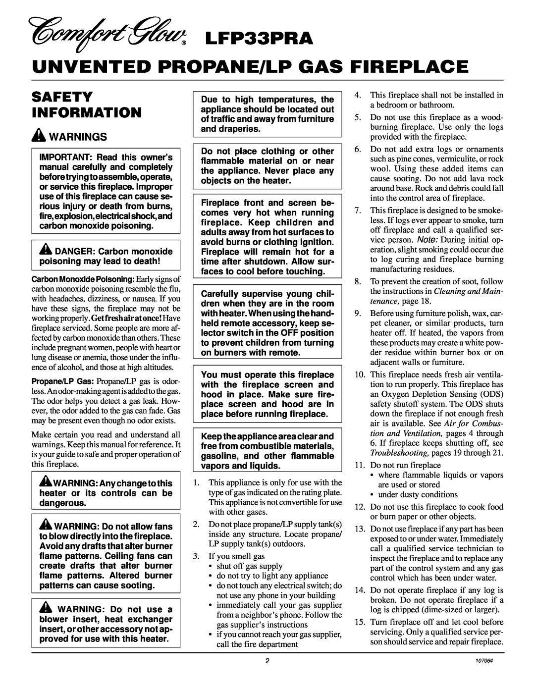Desa installation manual LFP33PRA UNVENTED PROPANE/LP GAS FIREPLACE, Safety Information, Warnings 