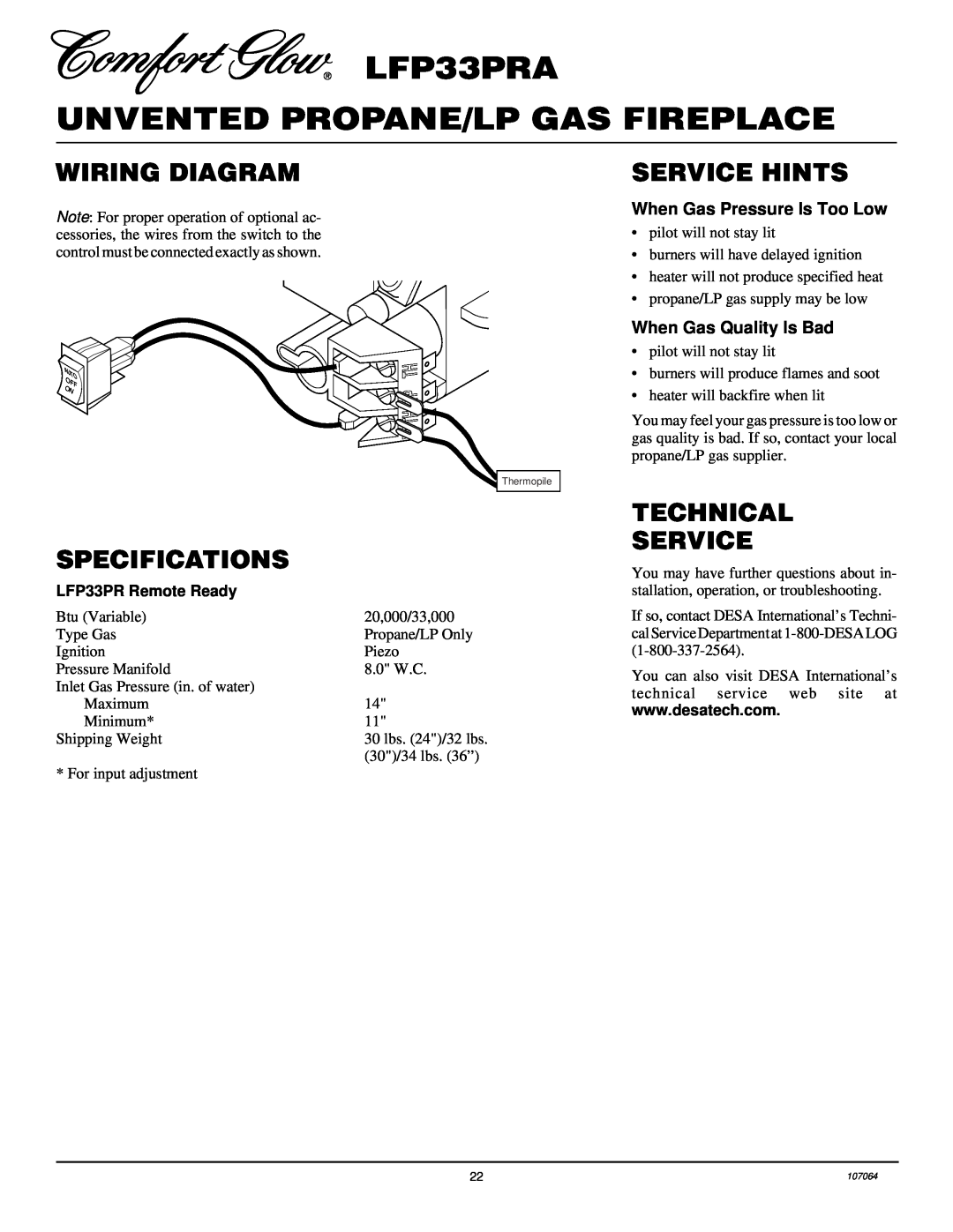 Desa LFP33PRA Wiring Diagram, Service Hints, Specifications, Technical Service, When Gas Pressure Is Too Low 