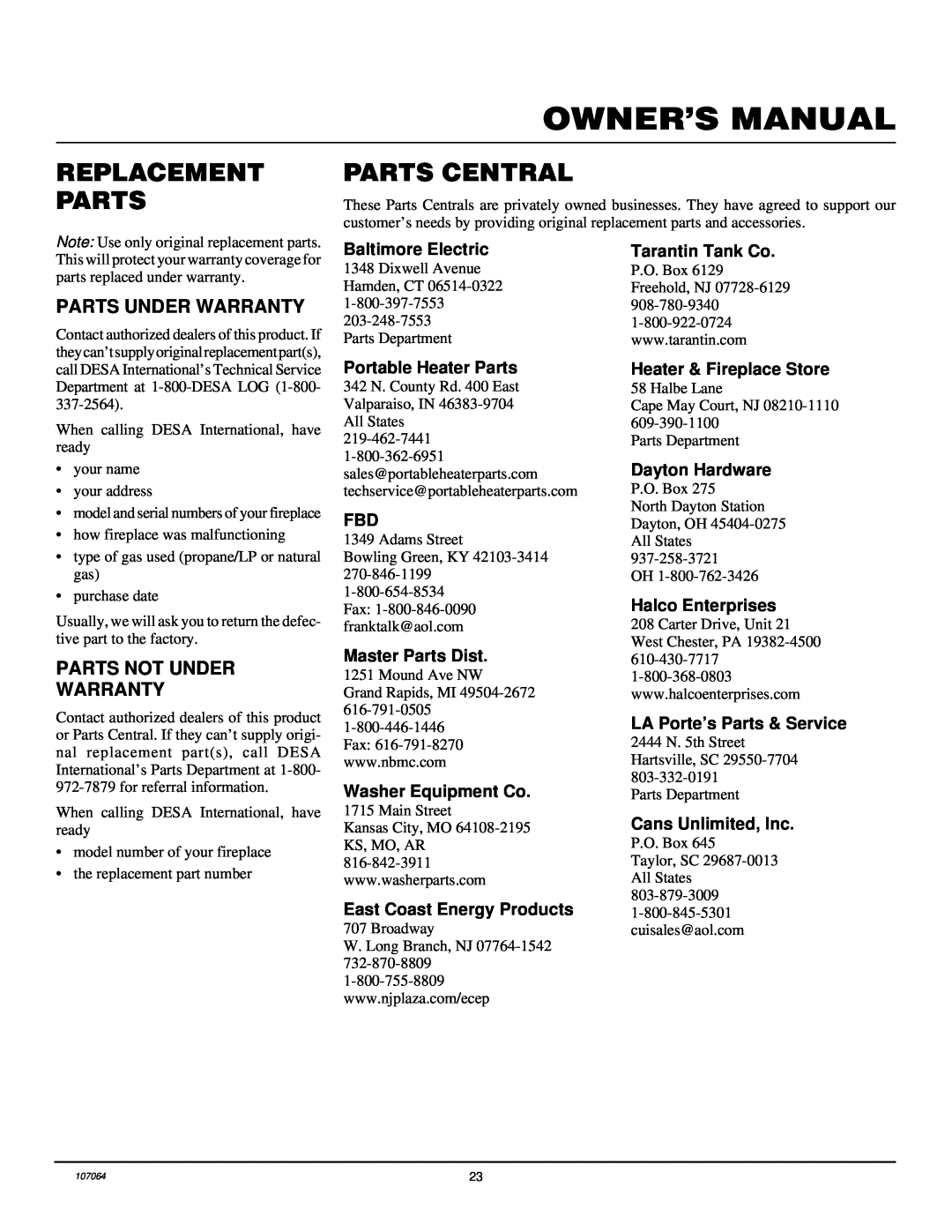 Desa LFP33PRA Replacement Parts, Parts Central, Parts Under Warranty, Parts Not Under Warranty, Baltimore Electric 