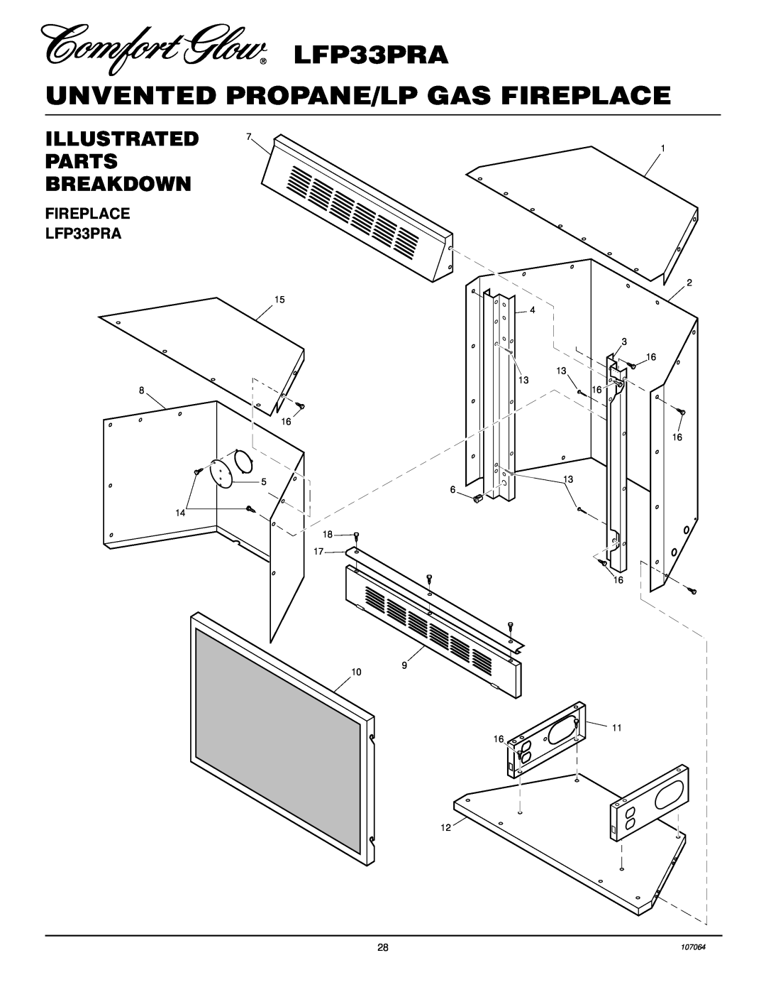 Desa installation manual Fireplace, LFP33PRA UNVENTED PROPANE/LP GAS FIREPLACE, Illustrated, Parts, Breakdown, 107064 