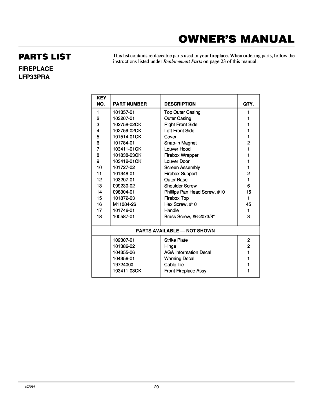 Desa installation manual FIREPLACE LFP33PRA, Parts List, Part Number, Description, Parts Available - Not Shown 