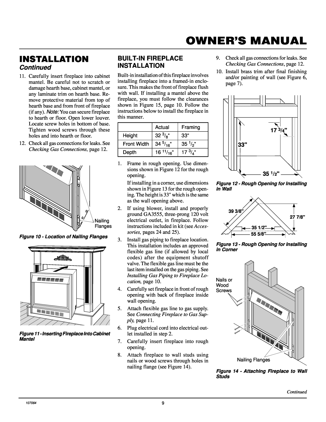 Desa LFP33PRA installation manual Built-Infireplace Installation, 17 3/4 33 35 1/2, Continued 