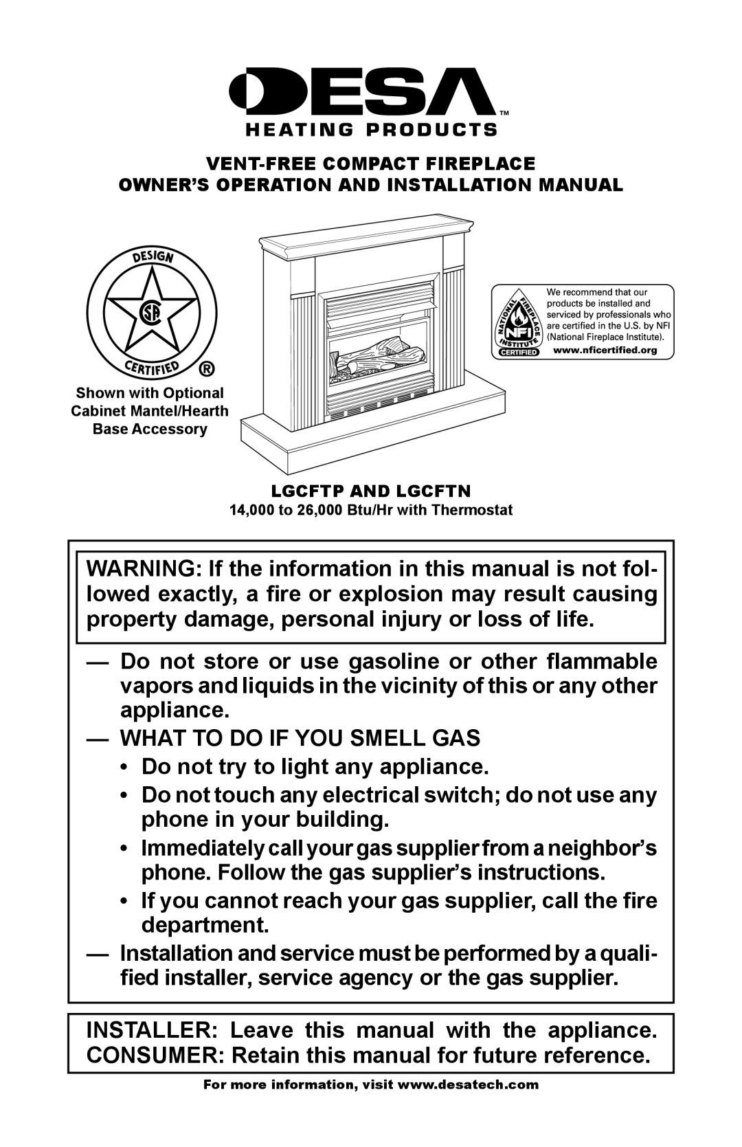 Desa LGCFTN, LGCFTP installation manual Lgcftp and Lgcftn, Shown with Optional Cabinet Mantel/Hearth Base Accessory 