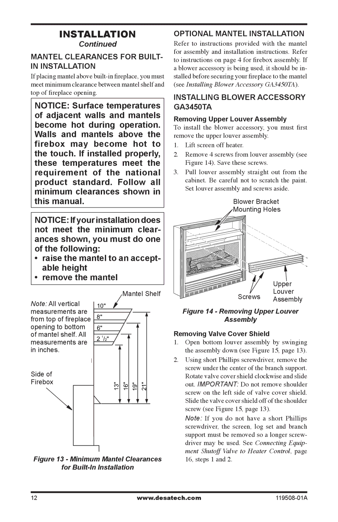 Desa LGCFTP Mantel Clearances for Built- In Installation, Optional Mantel Installation, Removing Upper Louver Assembly 