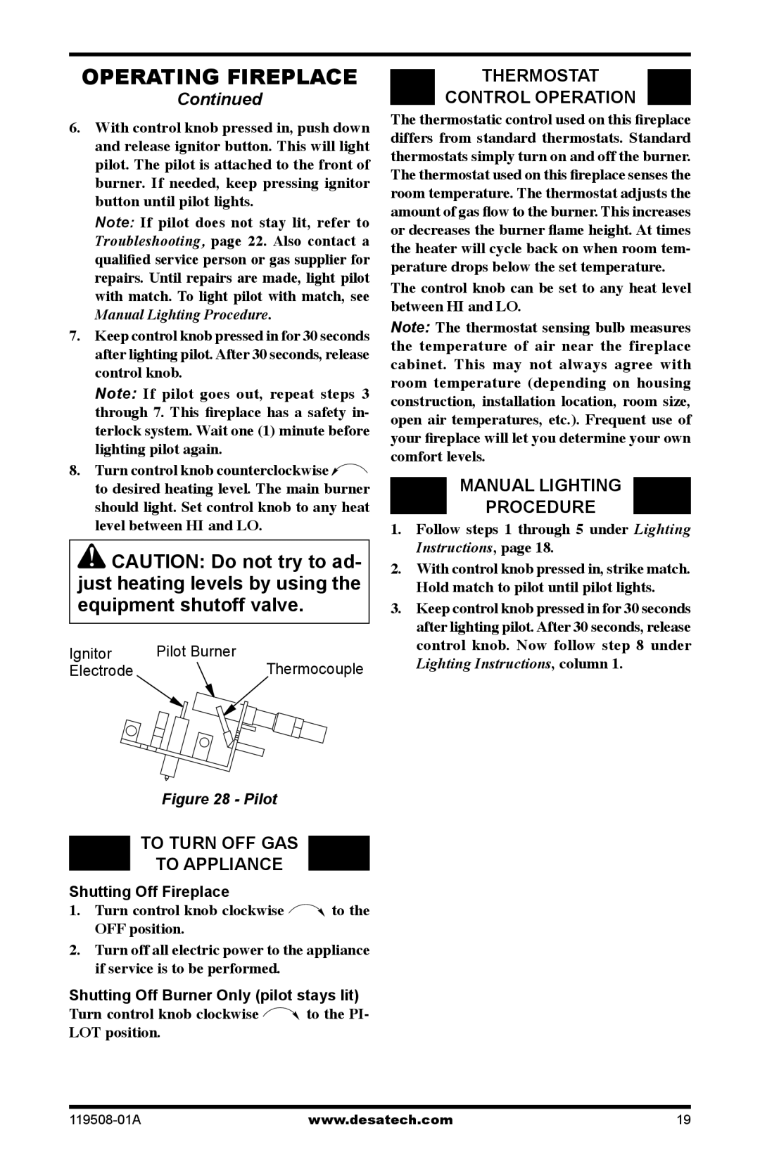 Desa LGCFTN Operating Fireplace, To Turn OFF GAS To Appliance, Thermostat Control Operation, Manual Lighting Procedure 