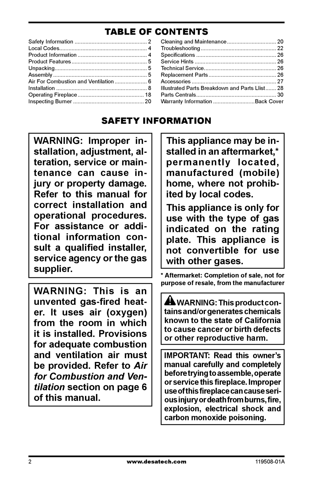 Desa LGCFTP, LGCFTN installation manual Table of Contents, Safety Information 