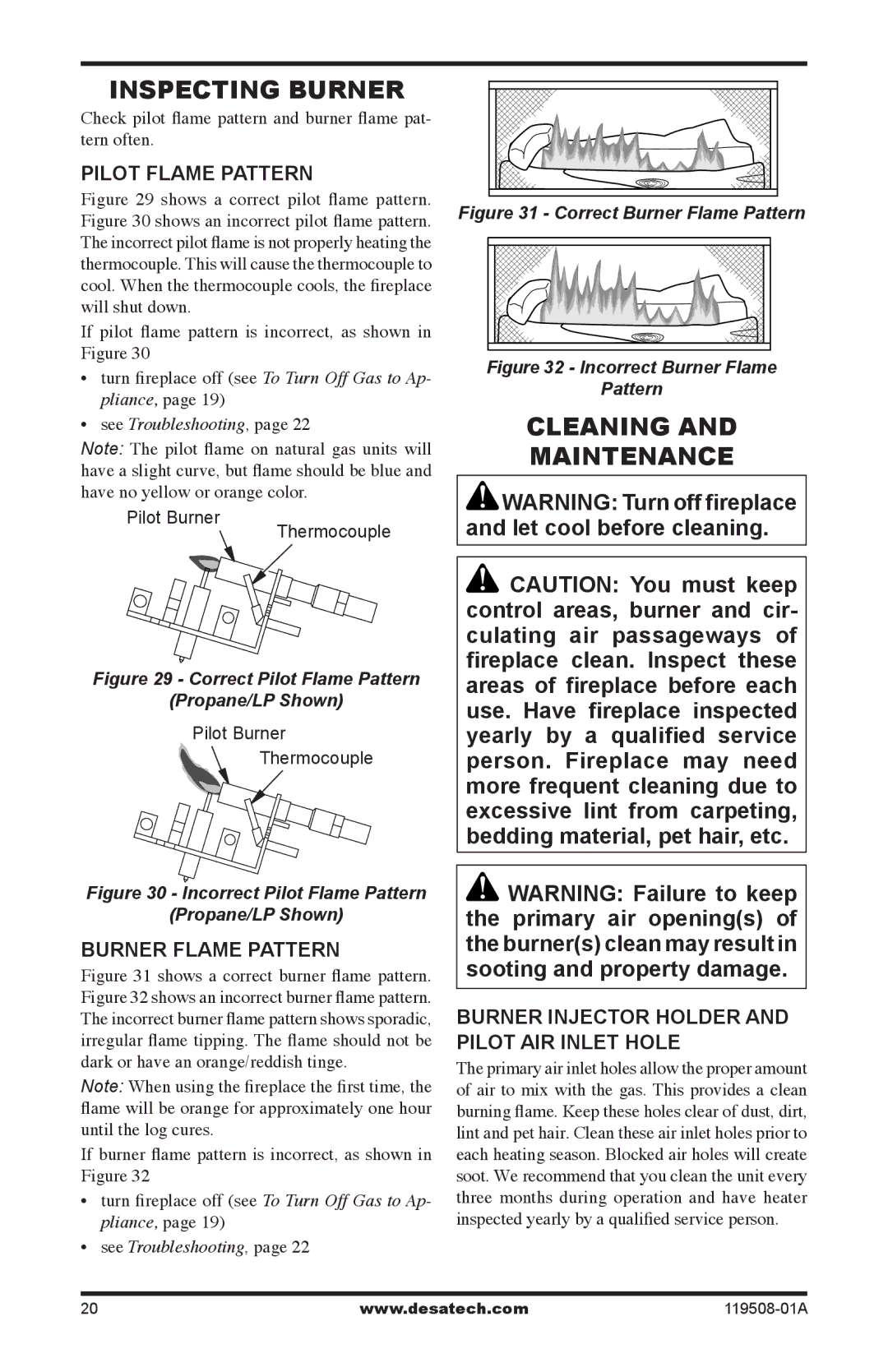 Desa LGCFTP, LGCFTN installation manual Inspecting Burner, Cleaning Maintenance, Pilot Flame Pattern, Burner Flame Pattern 