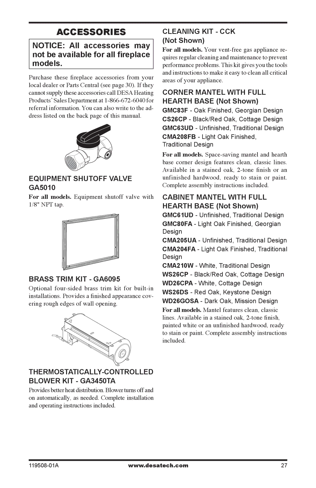 Desa LGCFTN, LGCFTP installation manual Accessories, Equipment Shutoff Valve GA5010, Brass Trim KIT GA6095 