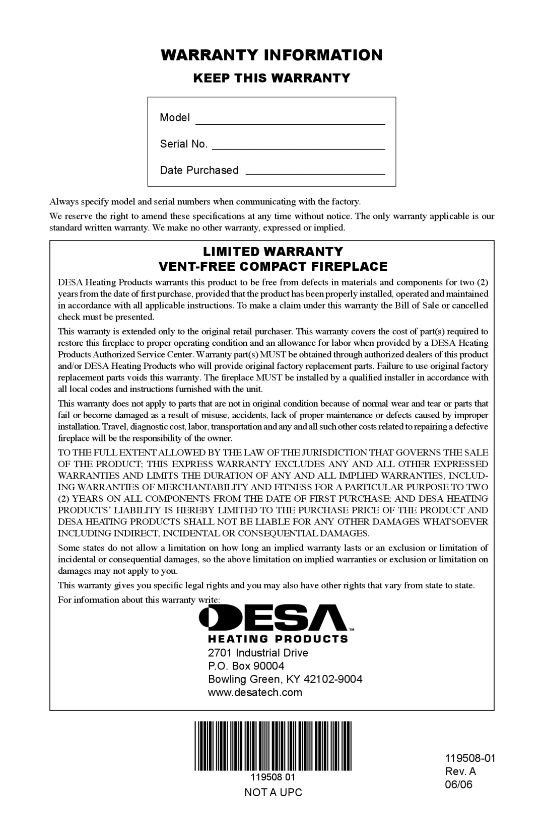 Desa LGCFTP, LGCFTN Warranty Information, Keep this Warranty, Limited Warranty, VENT-FREE Compact fireplace 