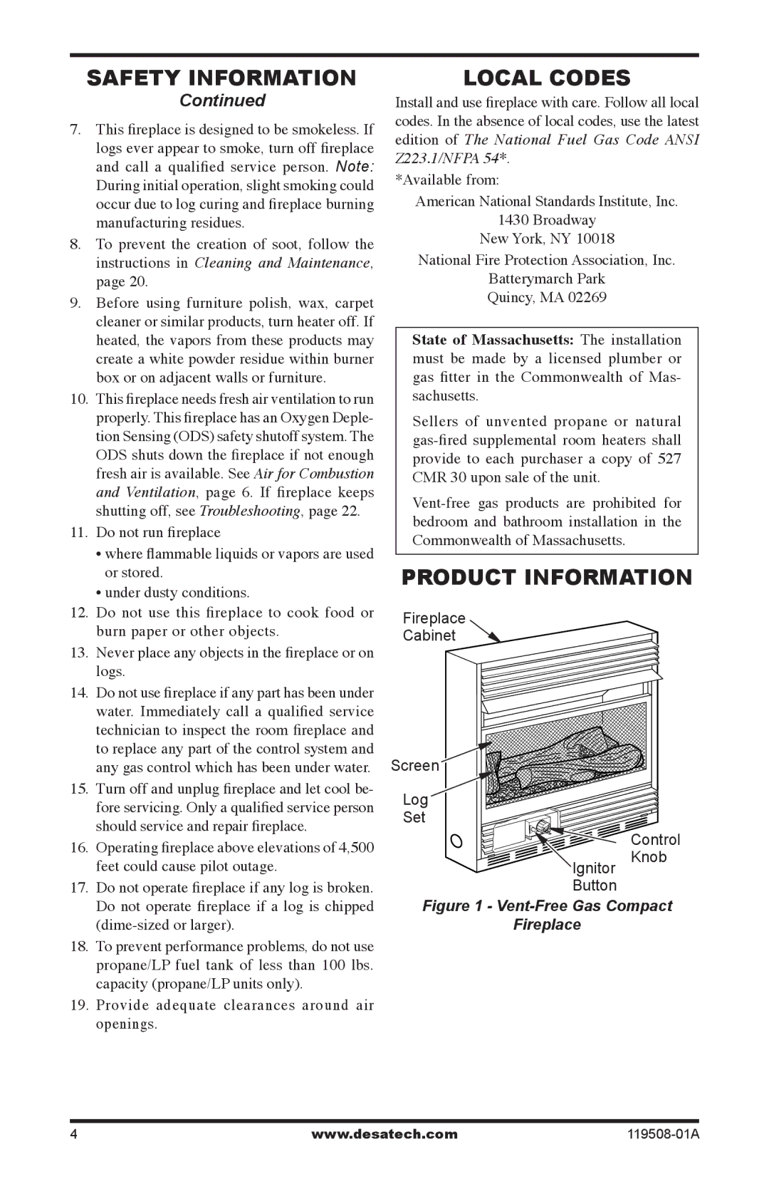 Desa LGCFTP, LGCFTN installation manual Local Codes, Product Information, Provide adequate clearances around air openings 