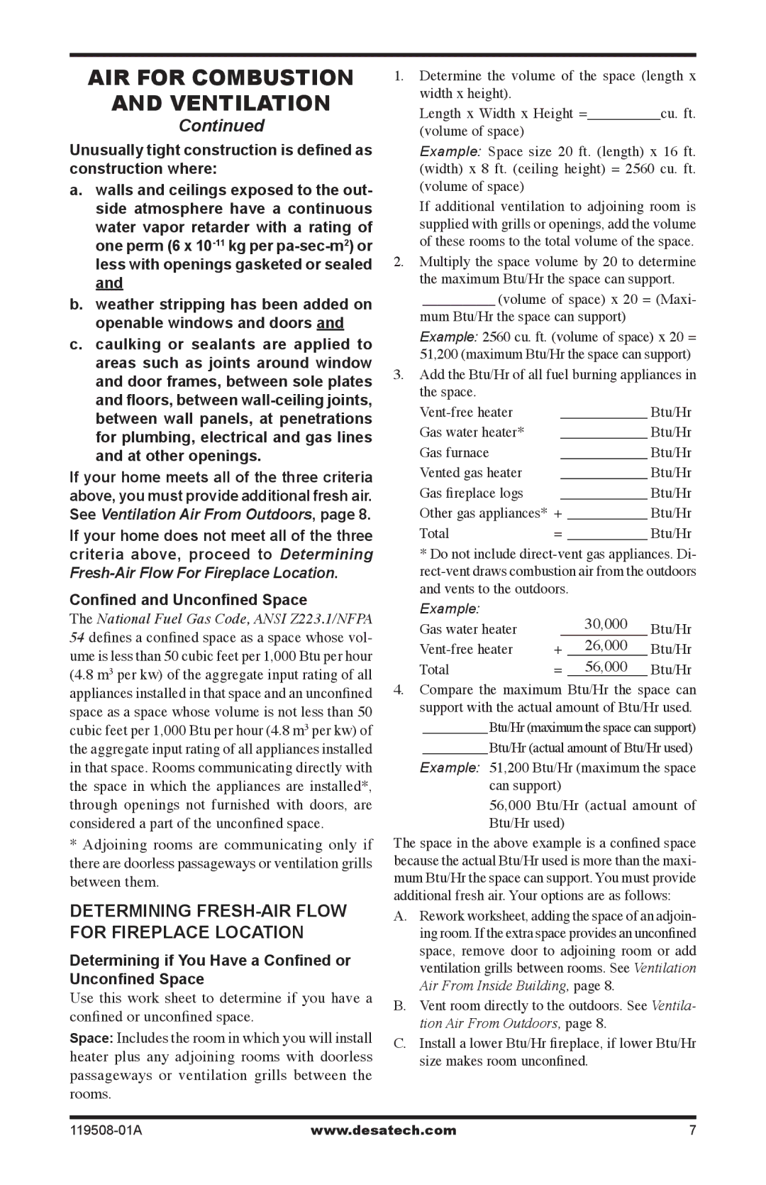 Desa LGCFTN, LGCFTP installation manual Determining FRESH-AIR Flow for fireplace Location, Confined and Unconfined Space 