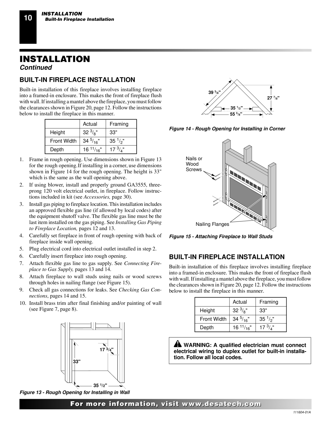 Desa LMFP33NR installation manual BUILT-IN Fireplace Installation, Actual Framing Height 32 3 Front Width Depth 