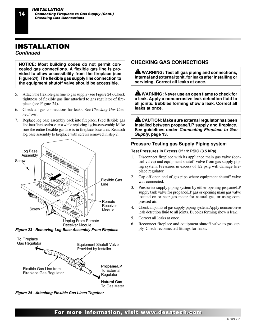 Desa LMFP33NR installation manual Checking GAS Connections, Pressure Testing gas Supply Piping system 