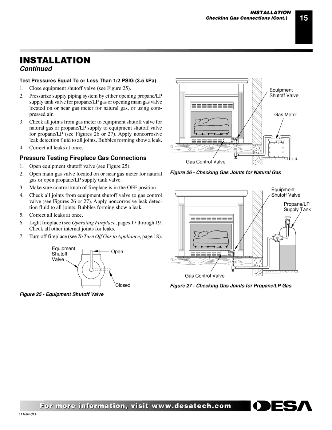 Desa LMFP33NR installation manual Pressure Testing Fireplace Gas Connections, Check all other internal joints for leaks 