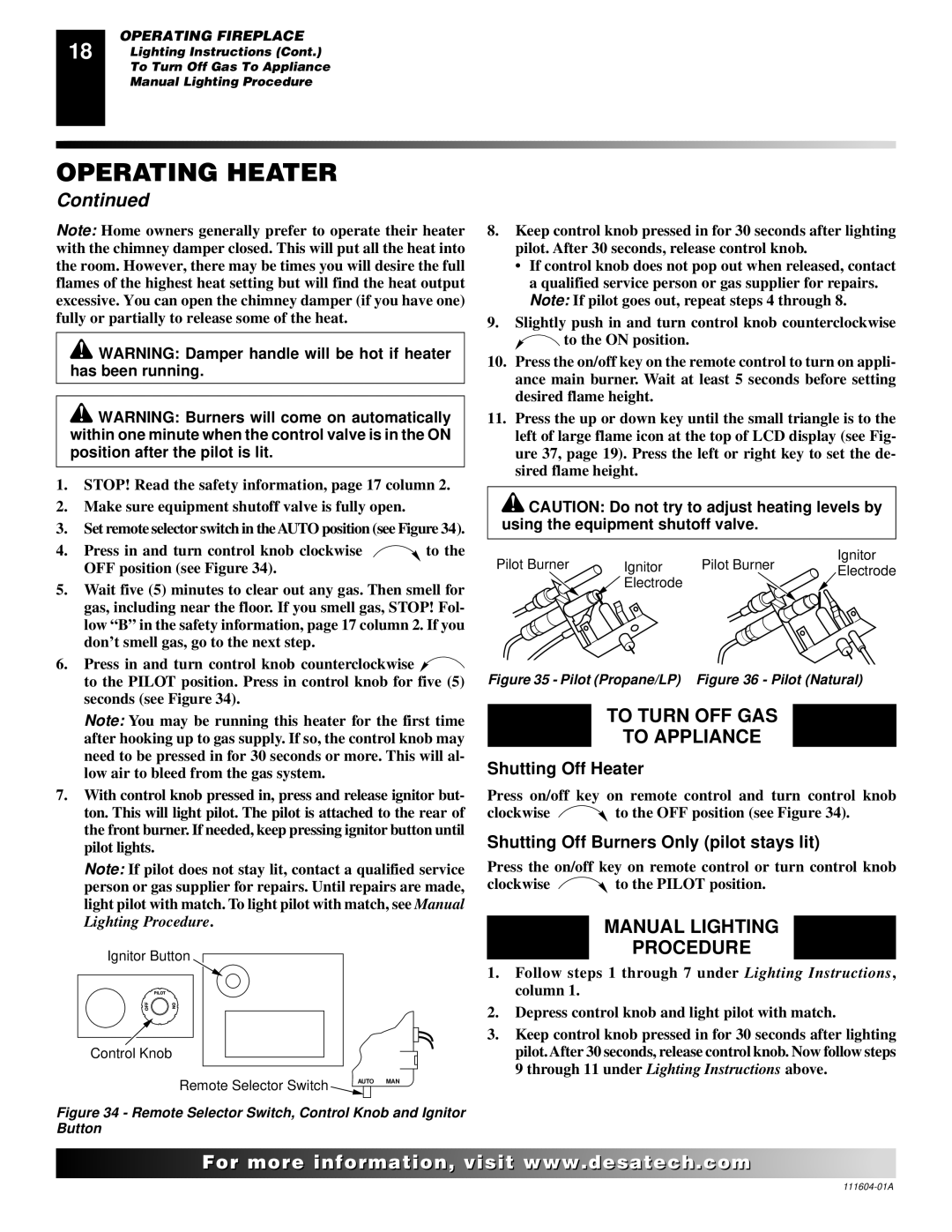 Desa LMFP33NR installation manual To Turn OFF GAS To Appliance, Manual Lighting Procedure, Shutting Off Heater 