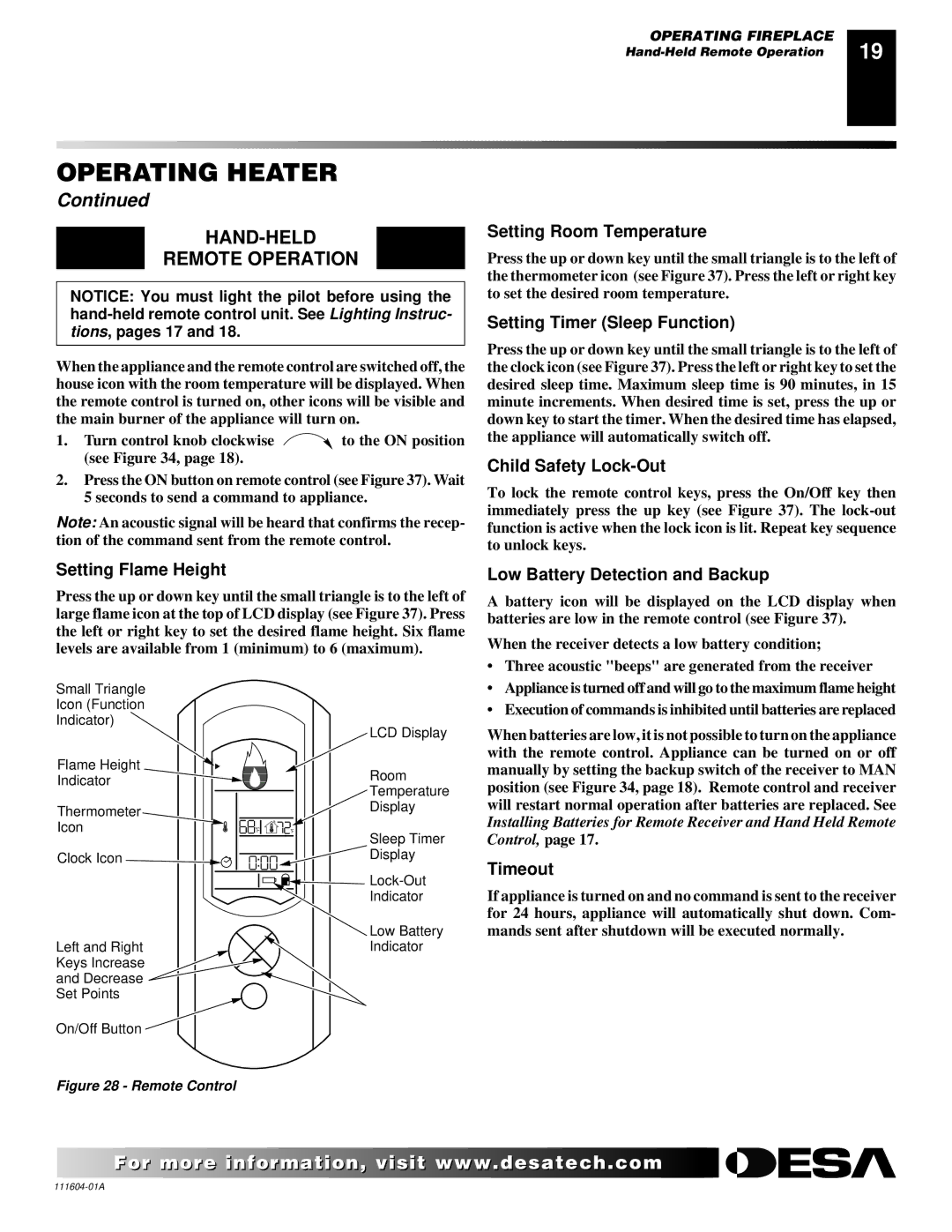 Desa LMFP33NR installation manual HAND-HELD Remote Operation 