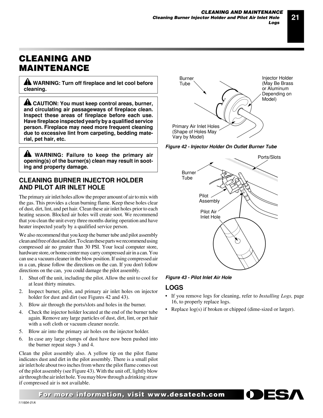 Desa LMFP33NR installation manual Cleaning Maintenance, Cleaning Burner Injector Holder and Pilot AIR Inlet Hole, Logs 