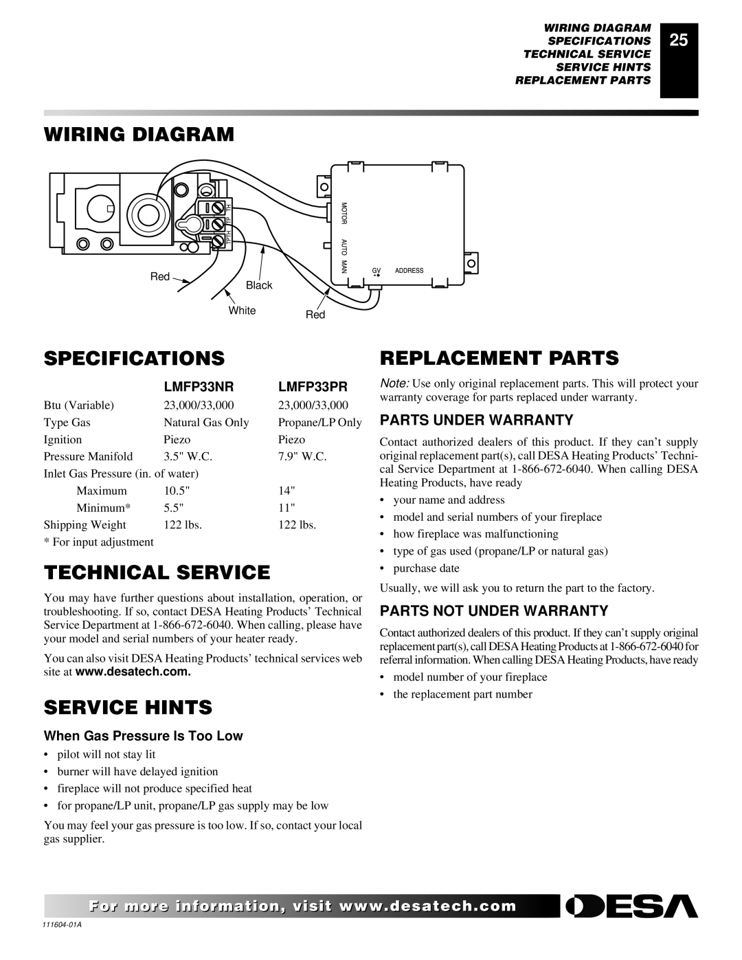 Desa LMFP33NR installation manual Wiring Diagram, Specifications, Technical Service, Service Hints, Replacement Parts 