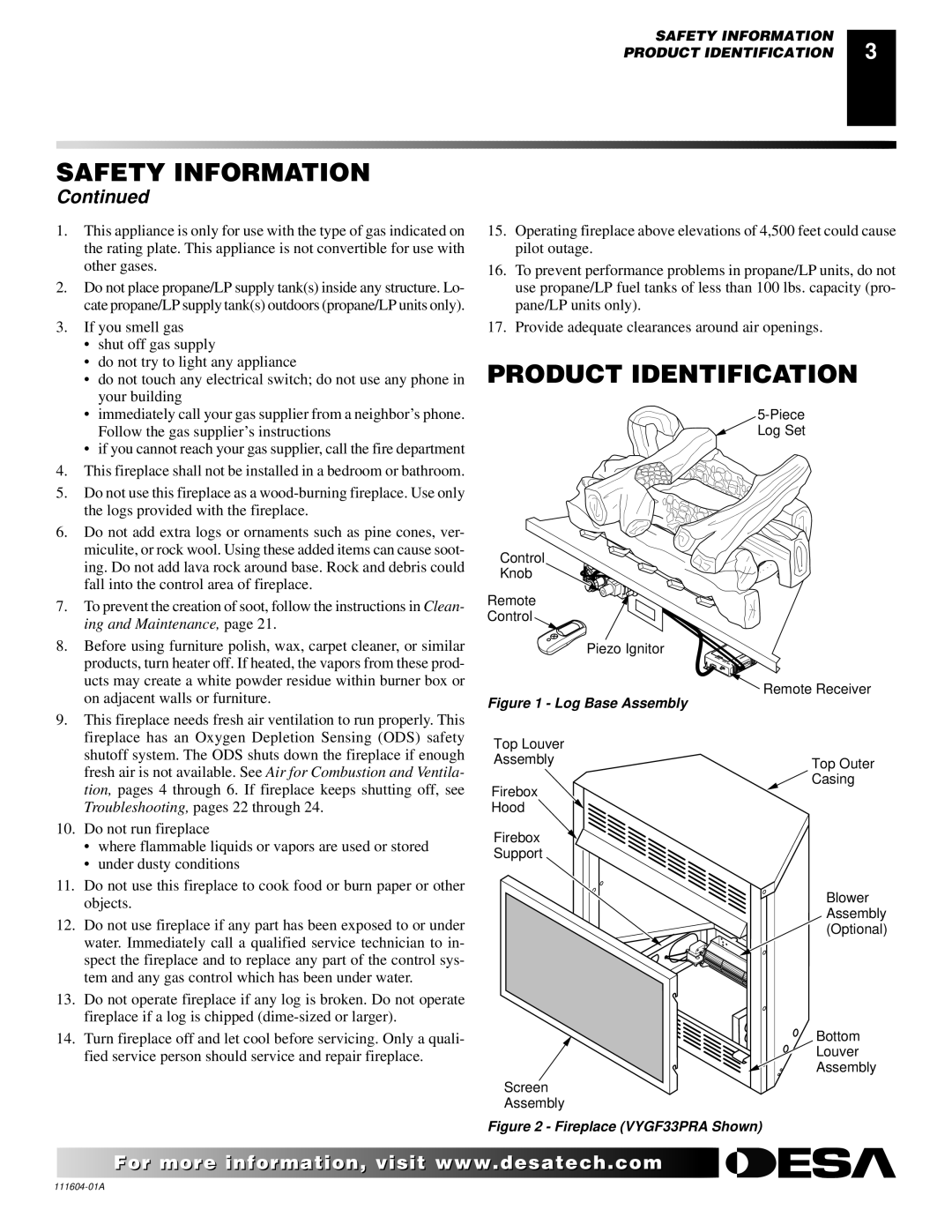 Desa LMFP33NR installation manual Product Identification, Log Base Assembly 