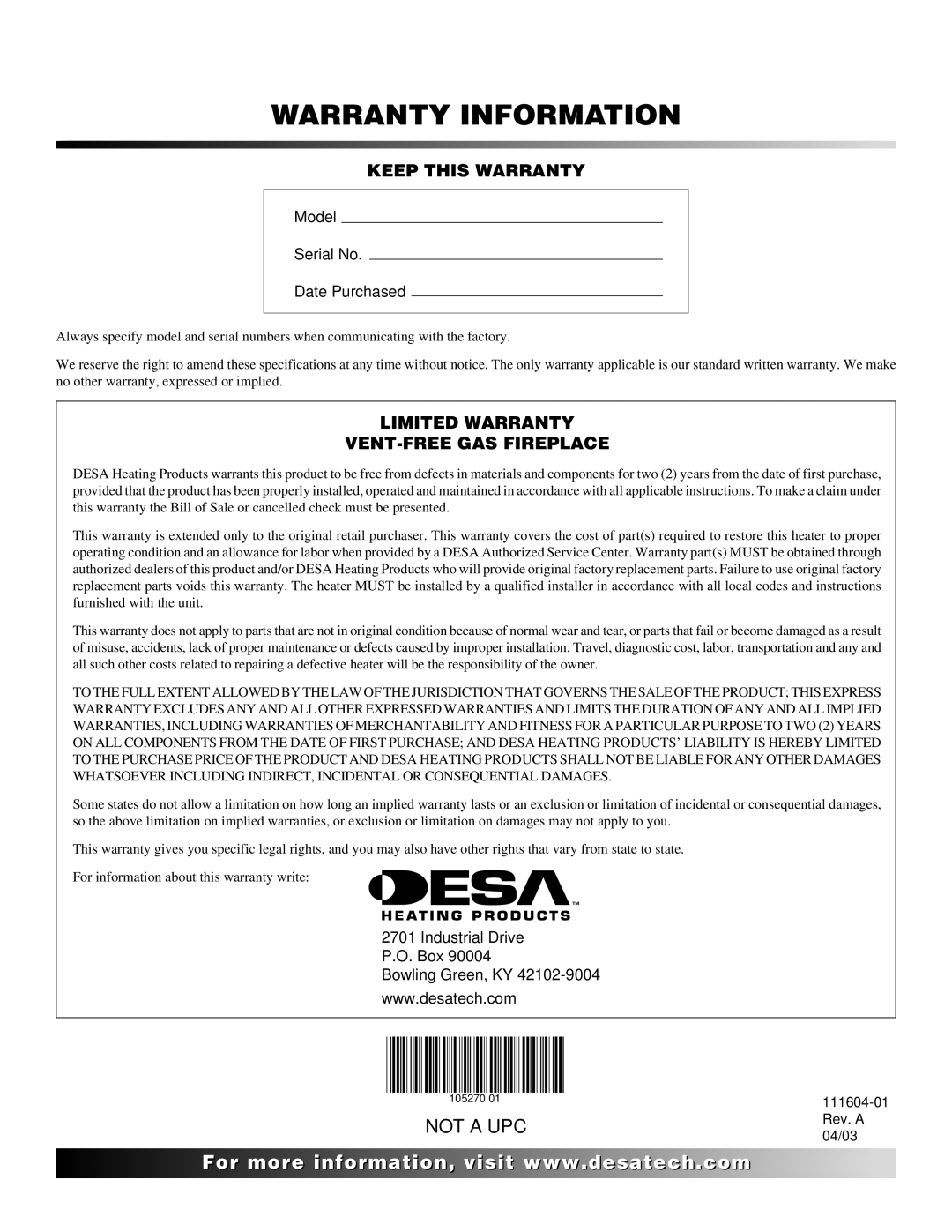 Desa LMFP33NR installation manual Warranty Information 