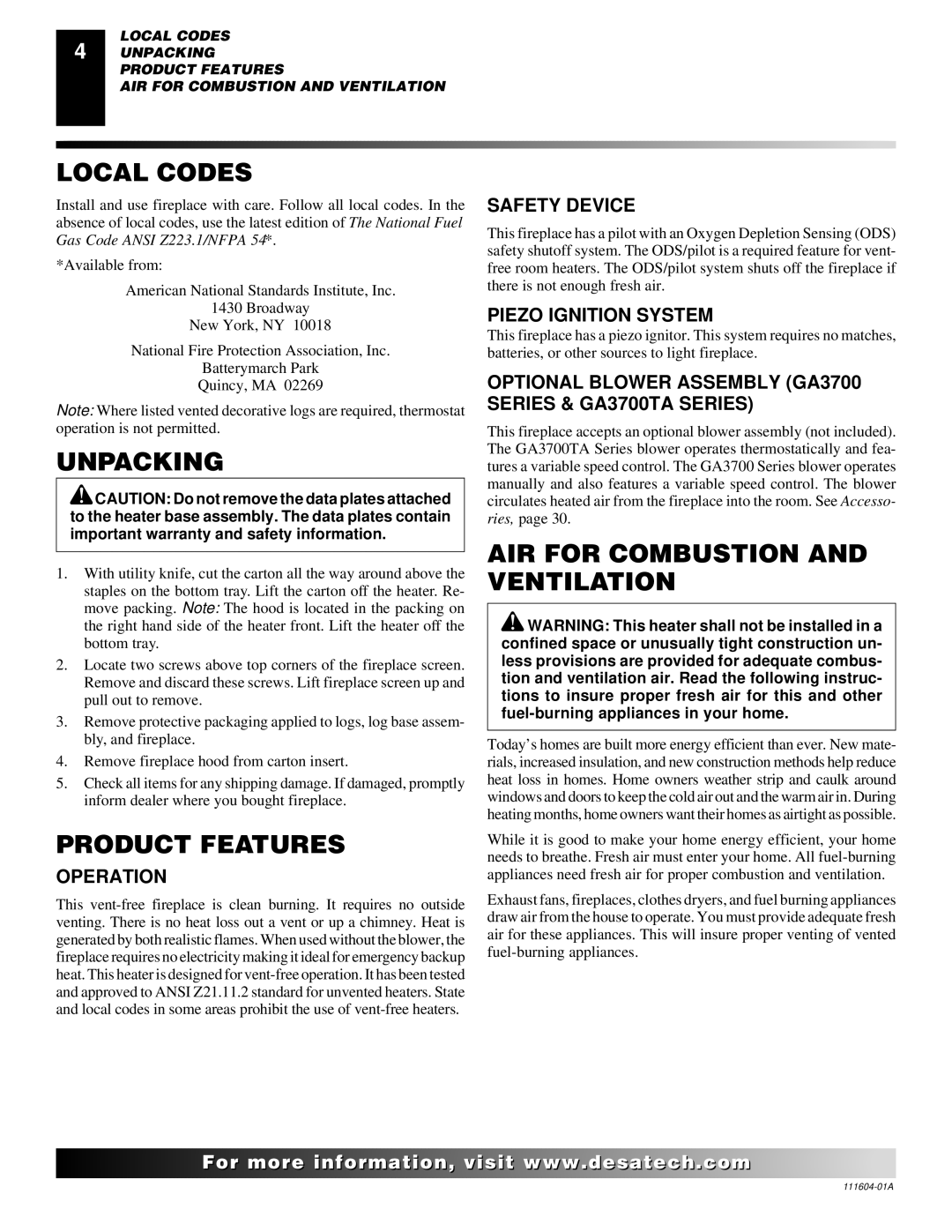 Desa LMFP33NR installation manual Local Codes, Unpacking, Product Features, AIR for Combustion and Ventilation 