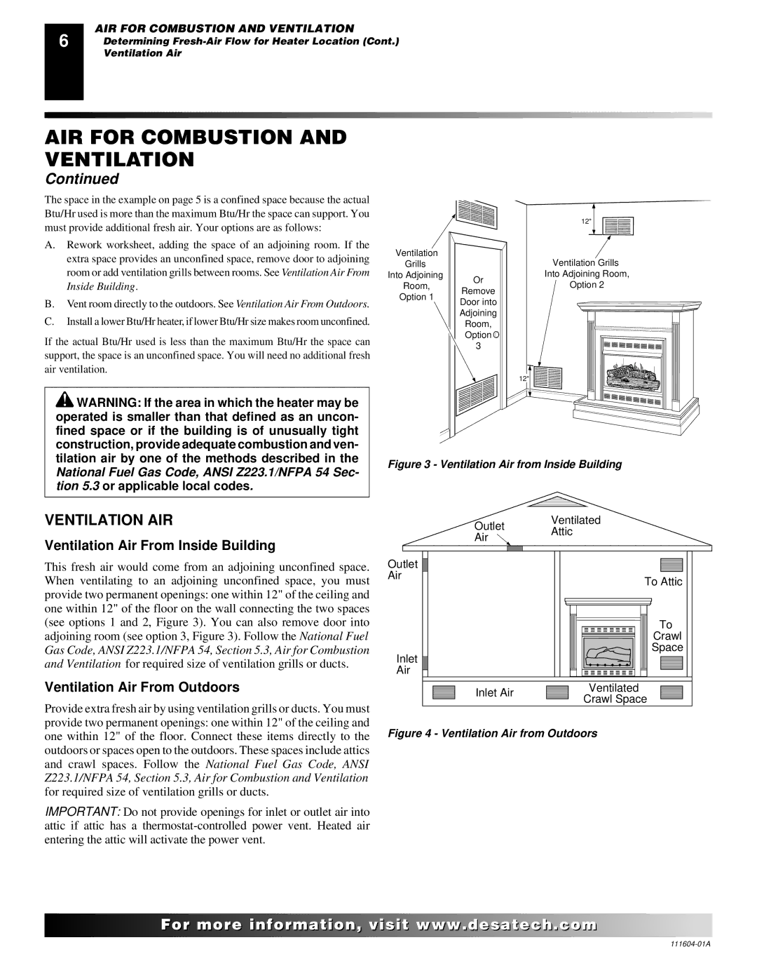 Desa LMFP33NR installation manual Ventilation AIR, Ventilation Air From Inside Building, Ventilation Air From Outdoors 