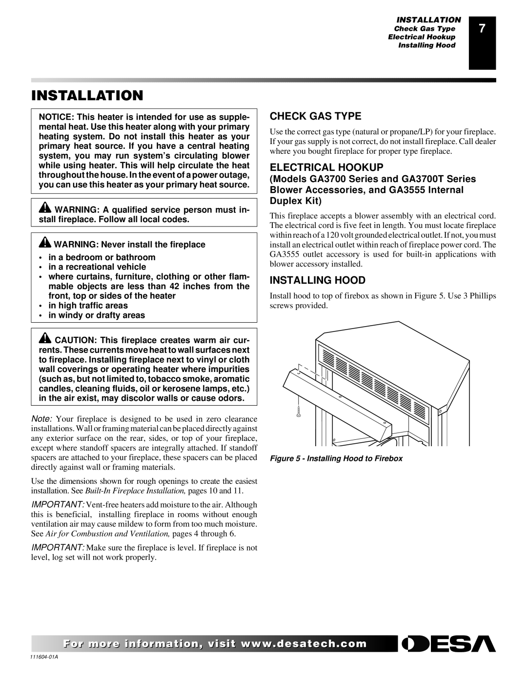 Desa LMFP33NR installation manual Installation, Check GAS Type, Electrical Hookup, Installing Hood 