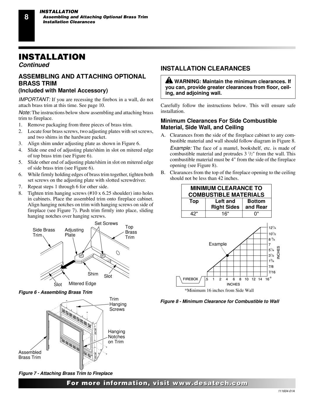 Desa LMFP33NR Assembling and Attaching Optional Brass Trim, Installation Clearances, Included with Mantel Accessory 