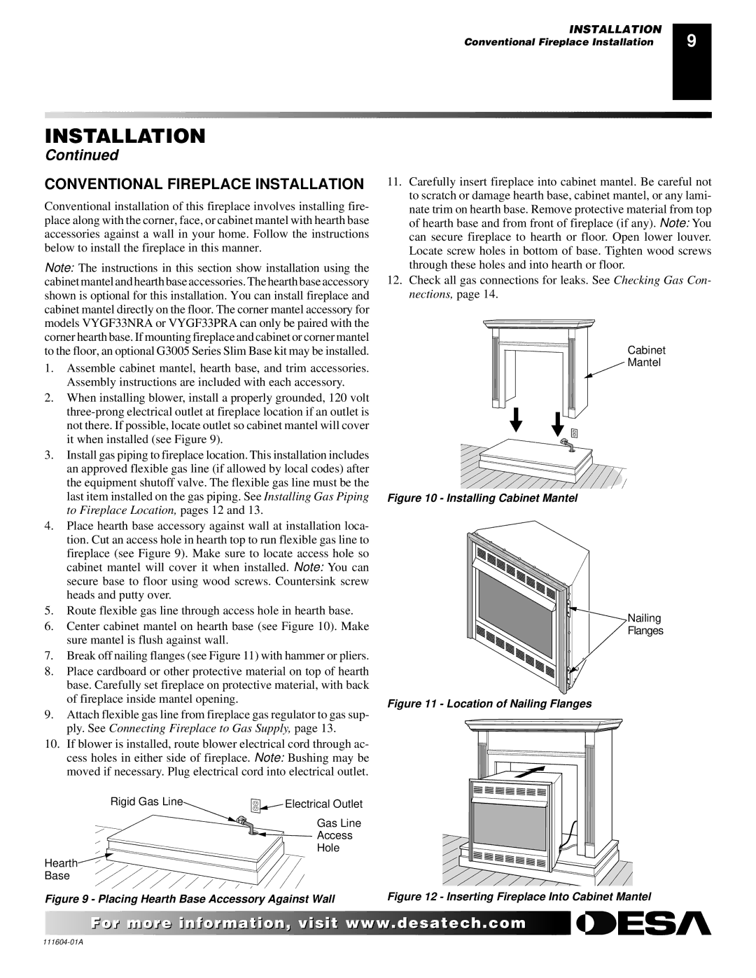 Desa LMFP33NR installation manual Conventional Fireplace Installation, Installing Cabinet Mantel 