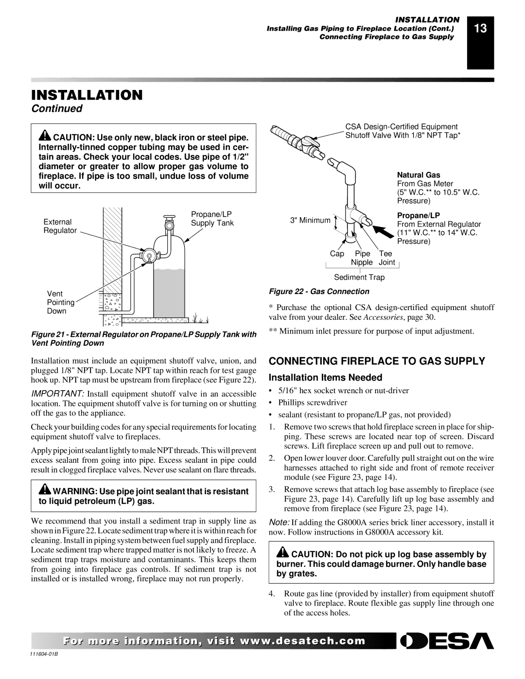 Desa LMFP33PR installation manual Connecting Fireplace to GAS Supply, Gas Connection 