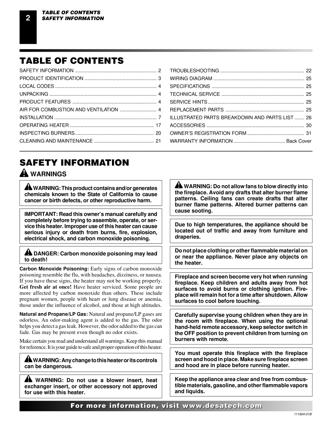 Desa LMFP33PR installation manual Table of Contents, Safety Information 