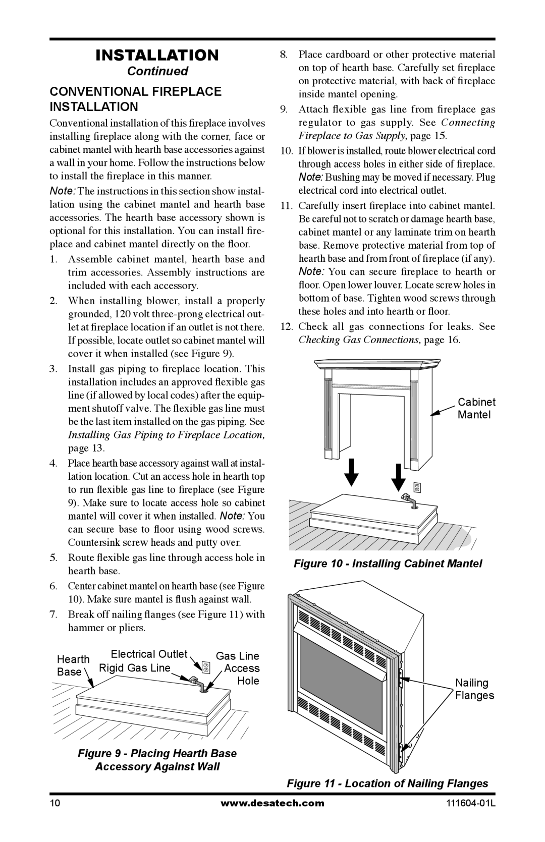 Desa LMFP33PR(A) installation manual Conventional Fireplace Installation, Installing Cabinet Mantel 