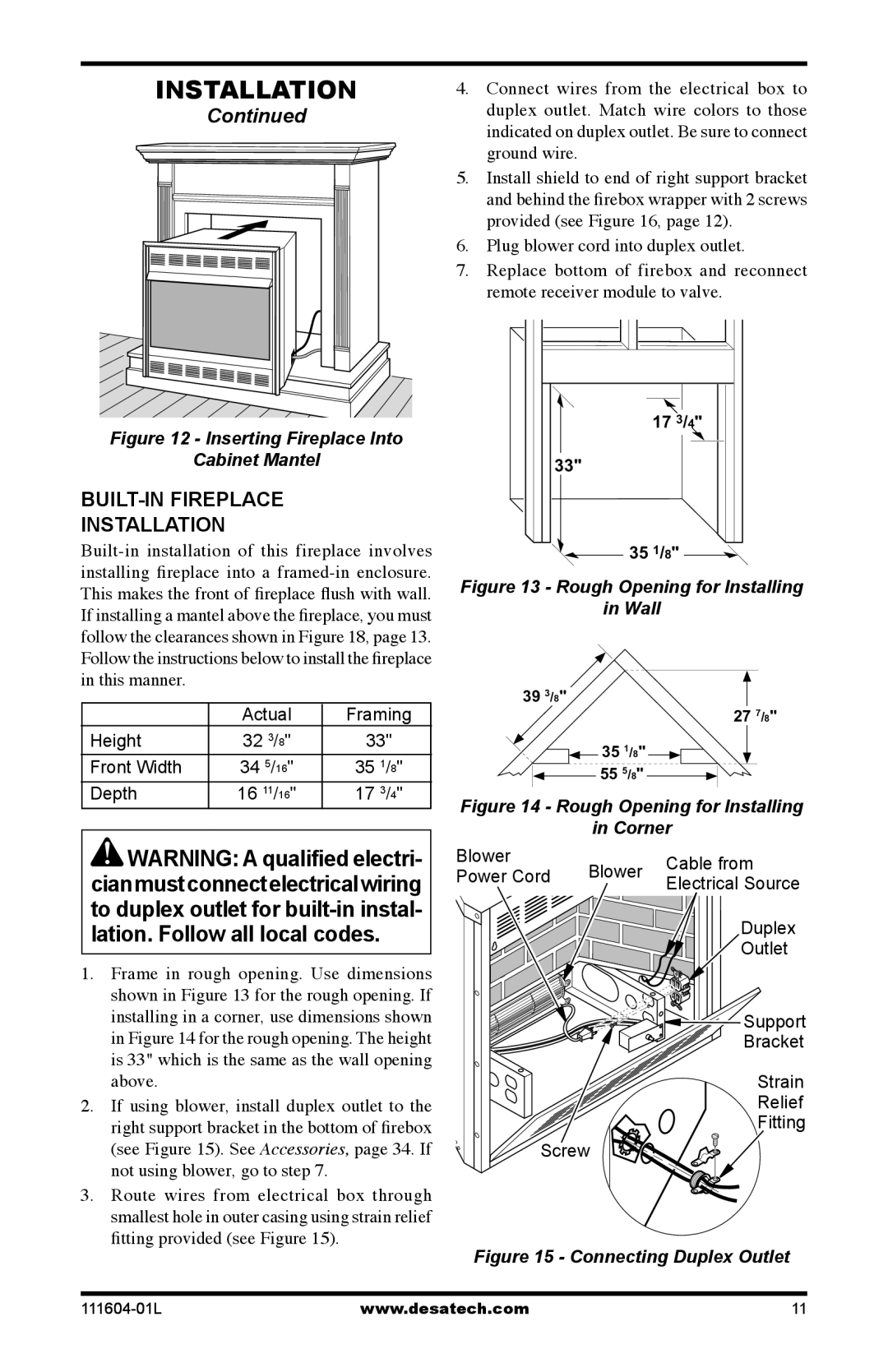 Desa LMFP33PR(A) installation manual BUILT-IN Fireplace Installation, Inserting Fireplace Into Cabinet Mantel 