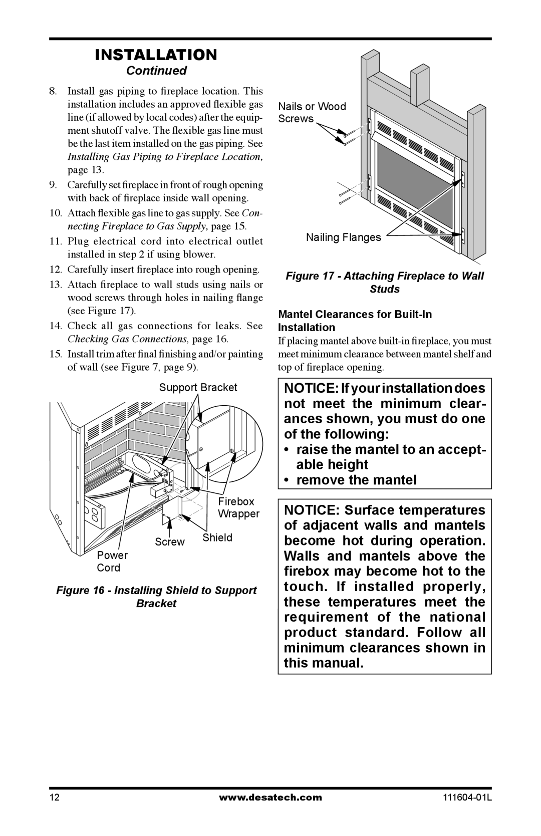 Desa LMFP33PR(A) installation manual Mantel Clearances for Built-In Installation, Installing Shield to Support 