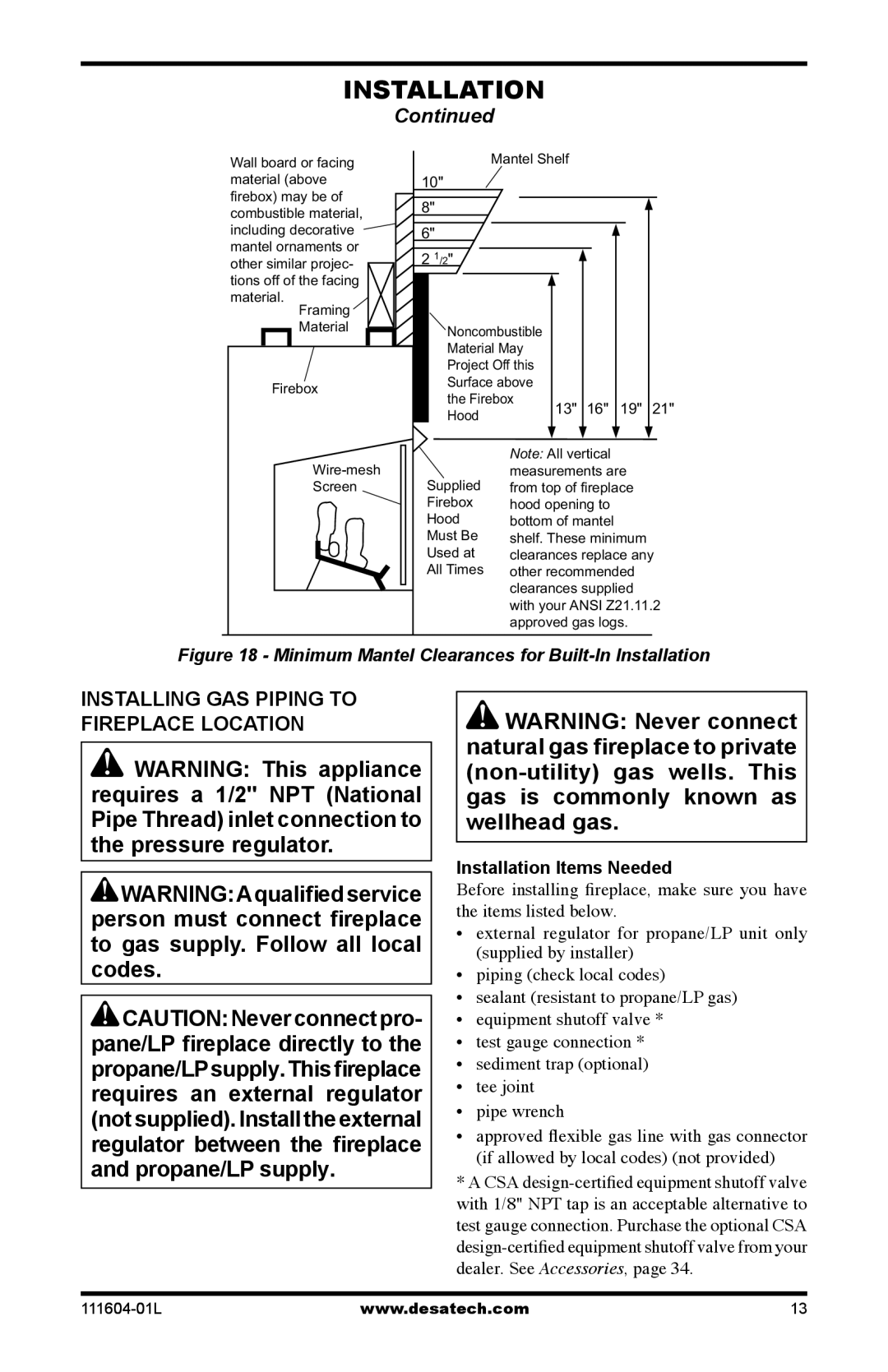 Desa LMFP33PR(A) installation manual Installing GAS Piping to Fireplace Location, Installation Items Needed 