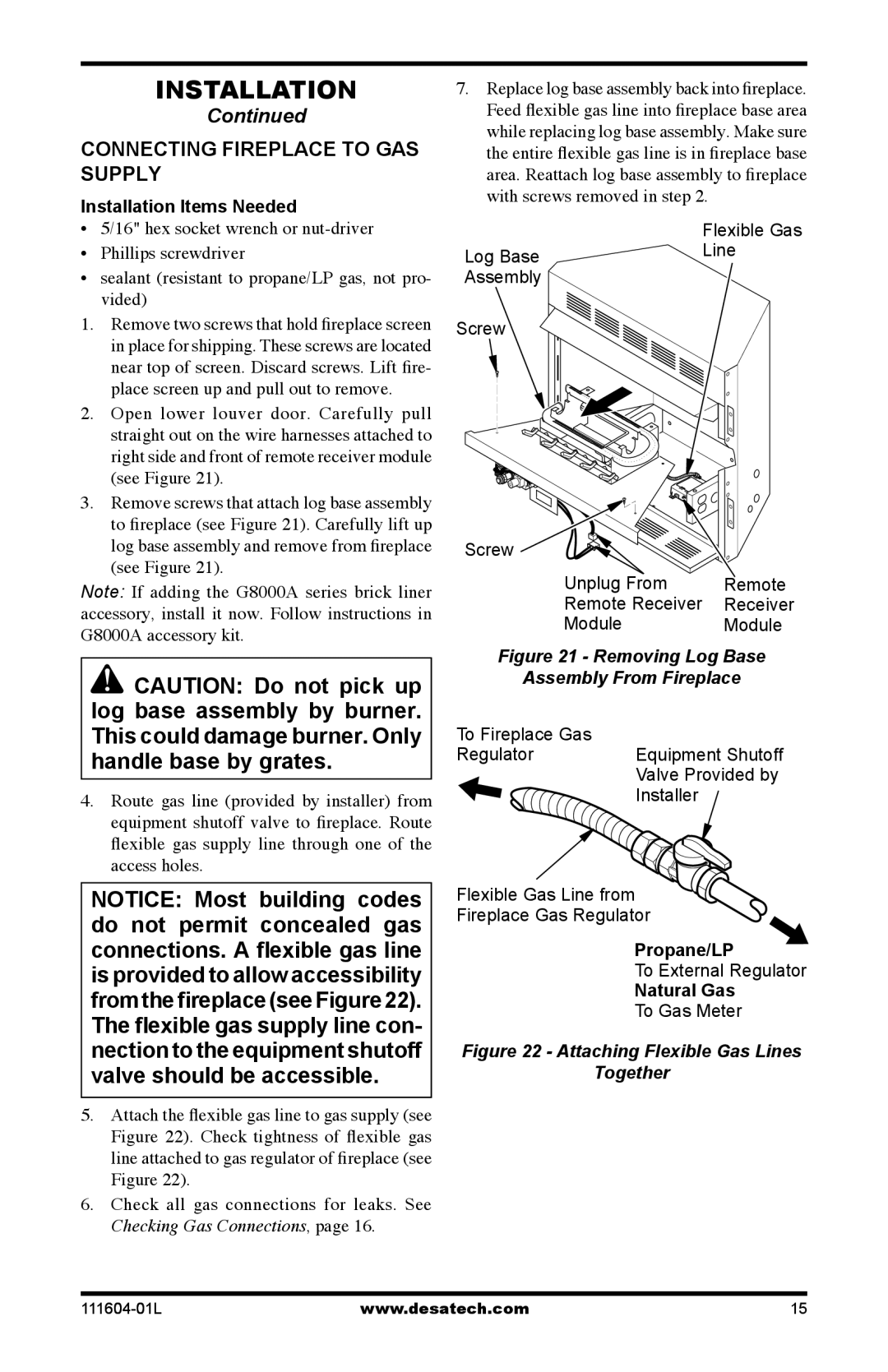 Desa LMFP33PR(A) installation manual Connecting Fireplace to GAS Supply, Removing Log Base Assembly From Fireplace 