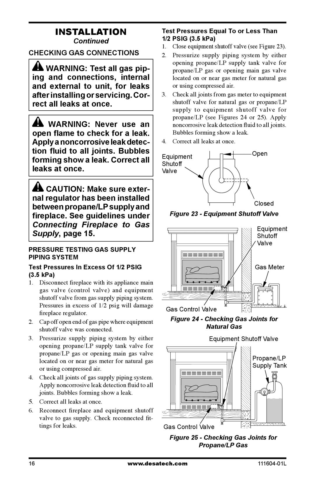 Desa LMFP33PR(A) installation manual Checking GAS Connections, Test Pressures Equal To or Less Than 1/2 Psig 3.5 kPa 