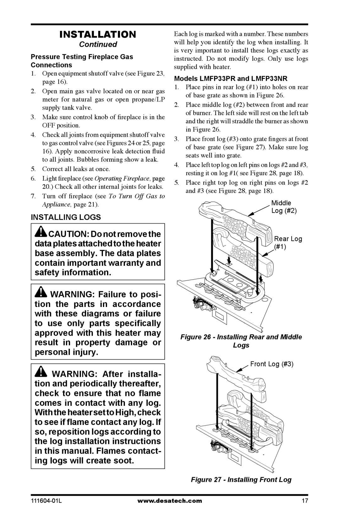 Desa LMFP33PR(A) Installing Logs, Pressure Testing Fireplace Gas Connections, Models LMFP33PR and LMFP33NR 