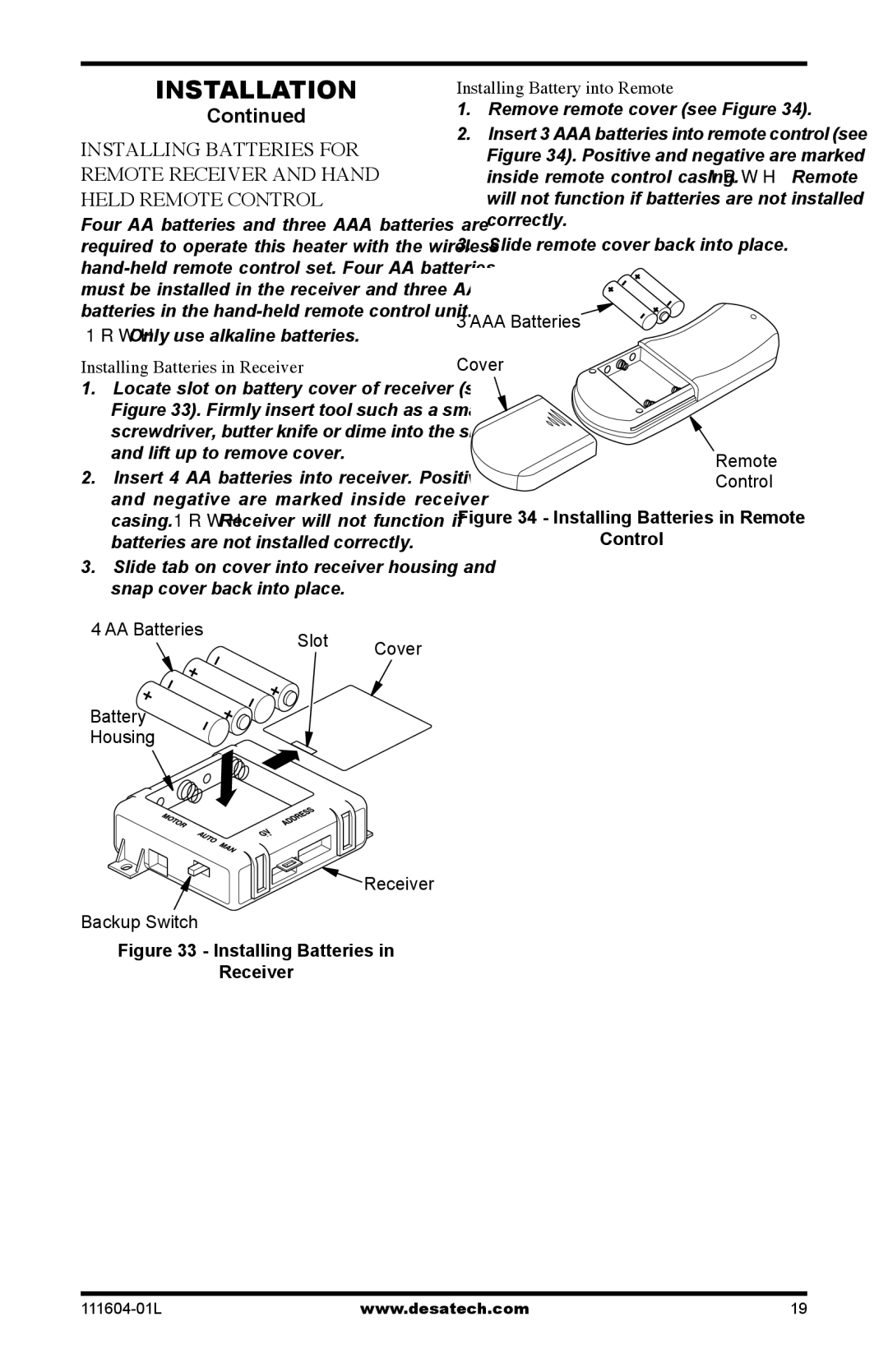 Desa LMFP33PR(A) installation manual Installing Batteries in Receiver, Installing Battery into Remote 