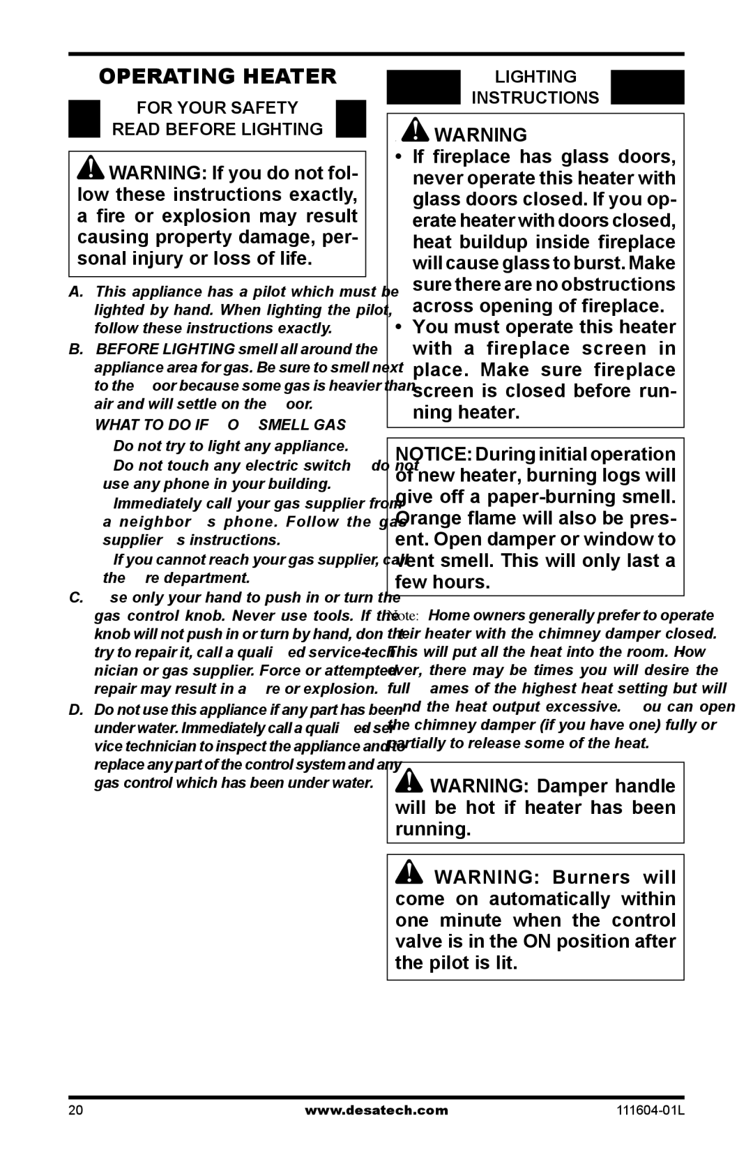 Desa LMFP33PR(A) installation manual Operating Heater, For Your Safety Read Before Lighting, Lighting Instructions 