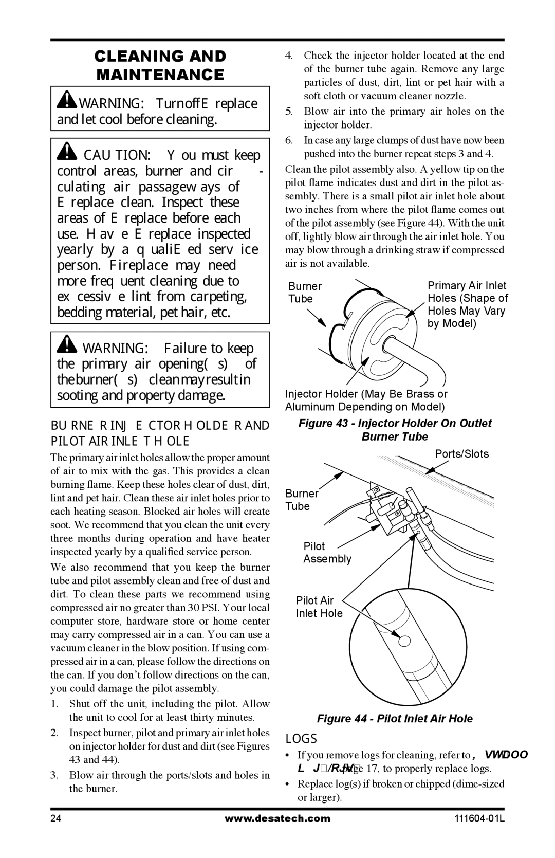 Desa LMFP33PR(A) installation manual Burner Injector Holder, Pilot AIR Inlet Hole, Logs 