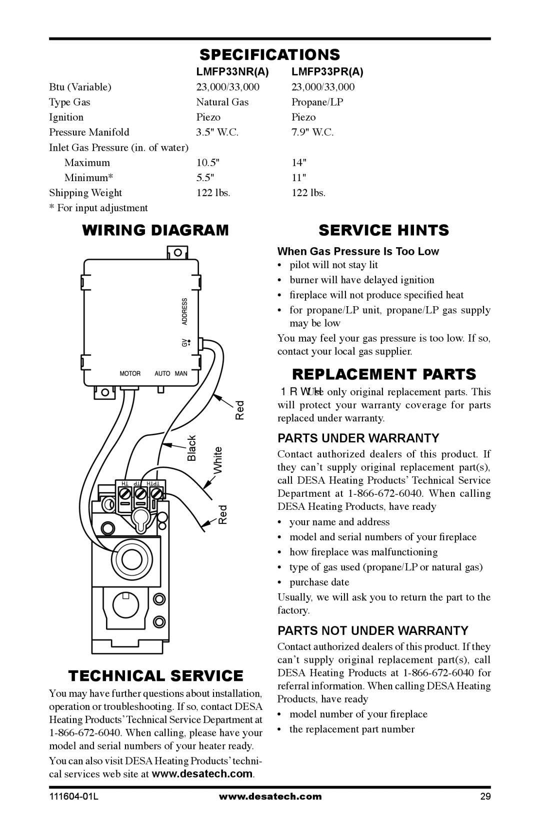 Desa LMFP33PR(A) installation manual Specifications, Wiring Diagram Service Hints, Technical Service, Replacement Parts 