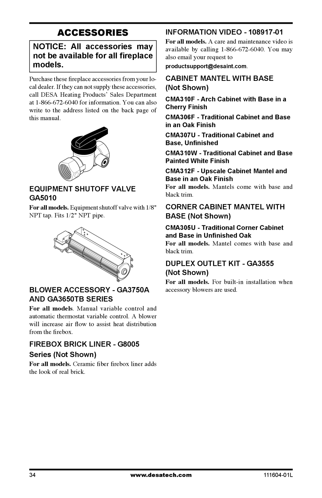 Desa LMFP33PR(A) Accessories, Equipment Shutoff Valve GA5010, Blower Accessory GA3750A and GA3650TB Series 