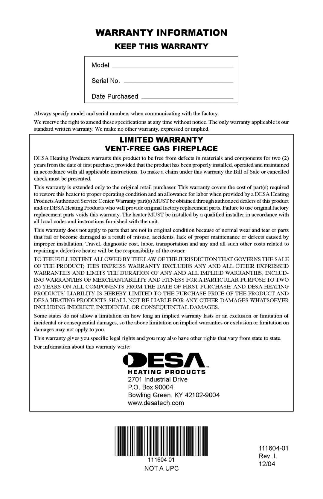 Desa LMFP33PR(A) installation manual Warranty Information, Keep this Warranty, Limited Warranty VENT-FREE GAS Fireplace 